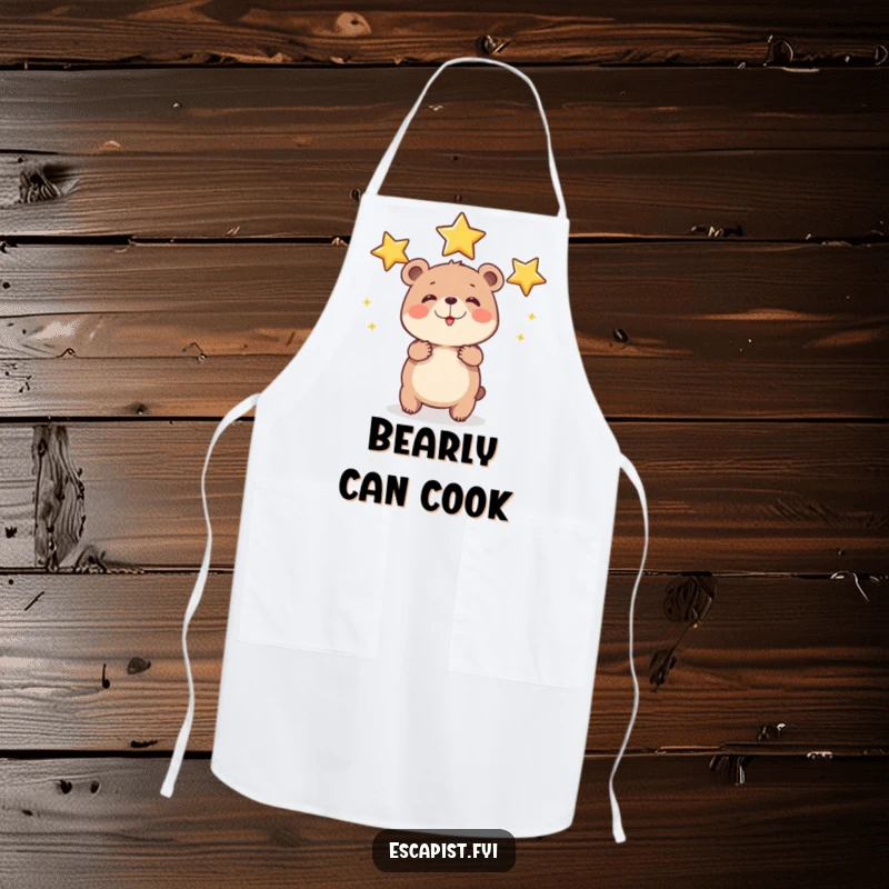 Funny bear cub star apron showing a round cub juggling shiny stars with exaggerated effort, adding playful ambition to kitchen tasks.
