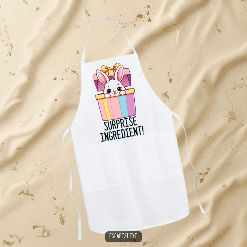 Funny bunny gift box apron showing a fluffy bunny peeking from a colorful box with curious eyes, adding playful charm to kitchen tasks.