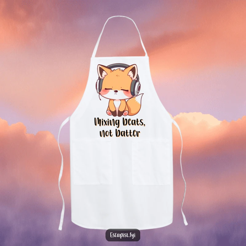 Funny apron showing a sleepy fox kit wearing headphones, head bobbing as it cooks to its own groovy beats.