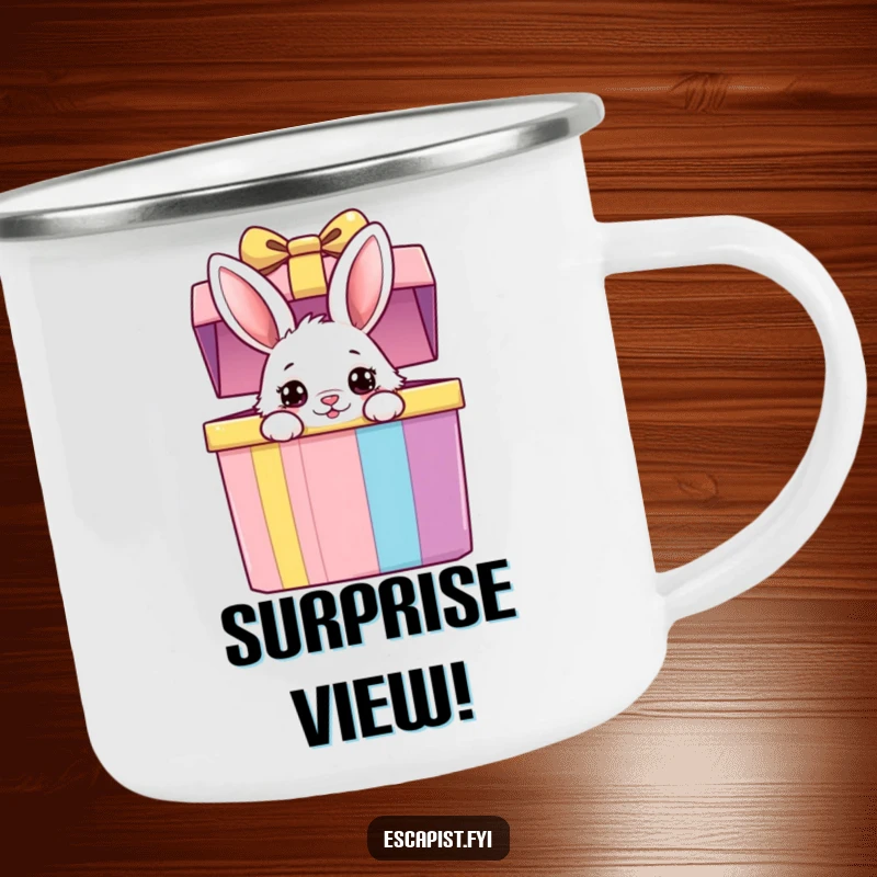 Funny bunny gift box camping mug showing a fluffy bunny peeking from a colorful box, built for adventures and adding curiosity to outdoor breaks.