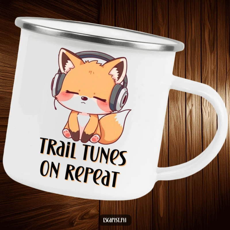 Funny camping mug depicting a sleepy fox kit with headphones, its head bobbing rhythmically to forest beats.