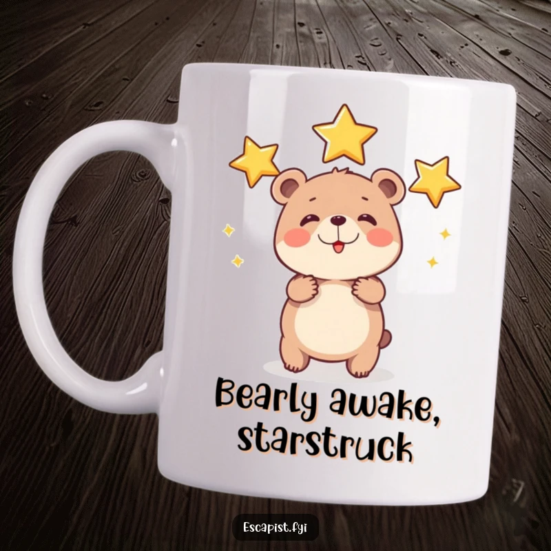 Funny bear cub mug featuring a small, round cub happily juggling shiny stars with exaggerated effort and a determined smile, a magical gift.