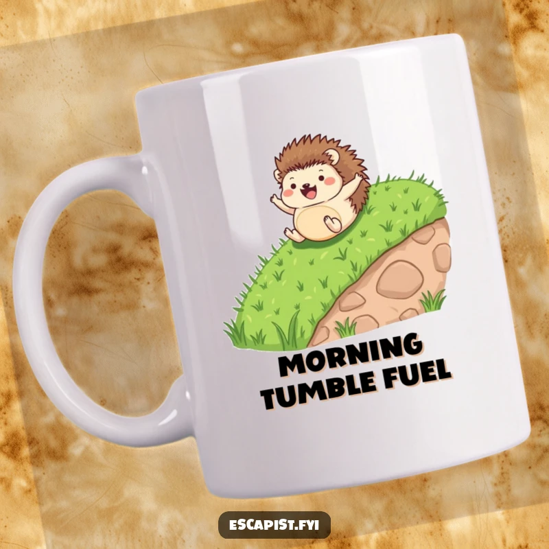 Funny mug showing a tiny hedgehog rolling down a grassy hill, arms and legs flailing in pure, uninhibited joy.