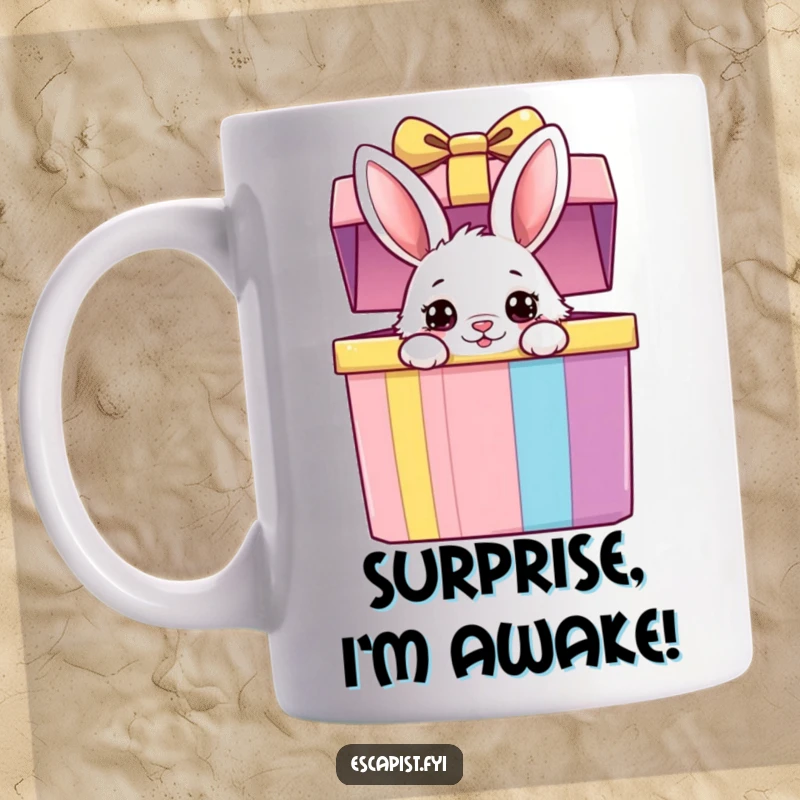 Funny bunny mug featuring a fluffy bunny peeking curiously from a giant colorful gift box with wide, expressive eyes, a delightful surprise.