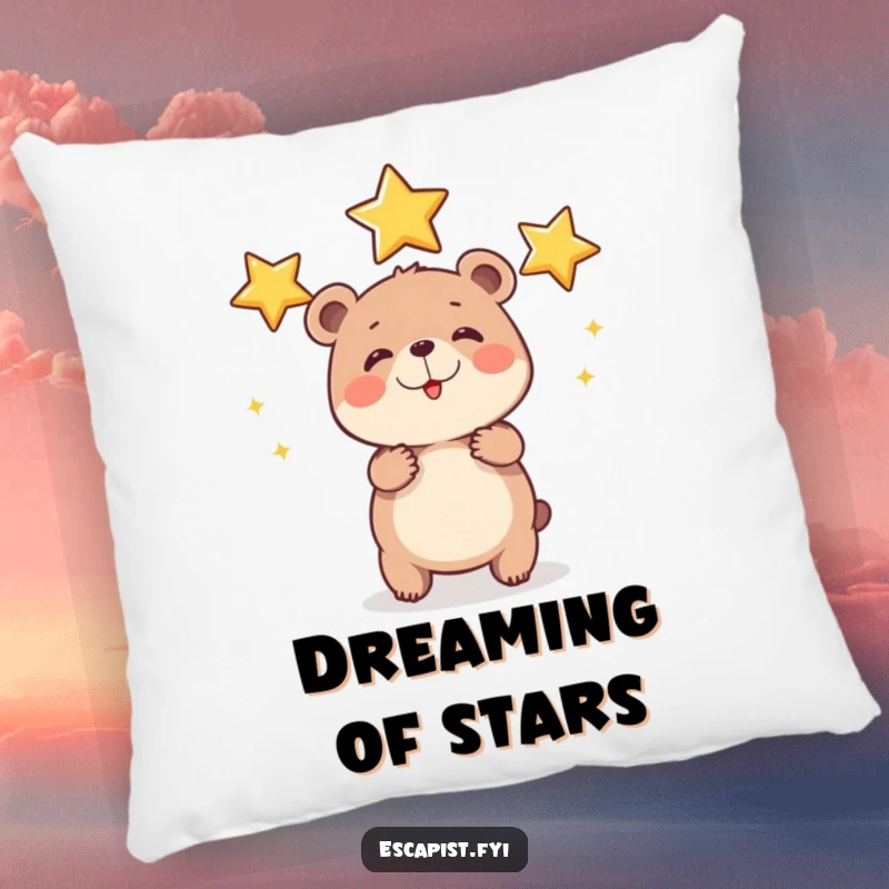 Funny bear cub star pillow featuring a small cub happily juggling shiny stars with exaggerated effort, offering comfort and dreamy inspiration.
