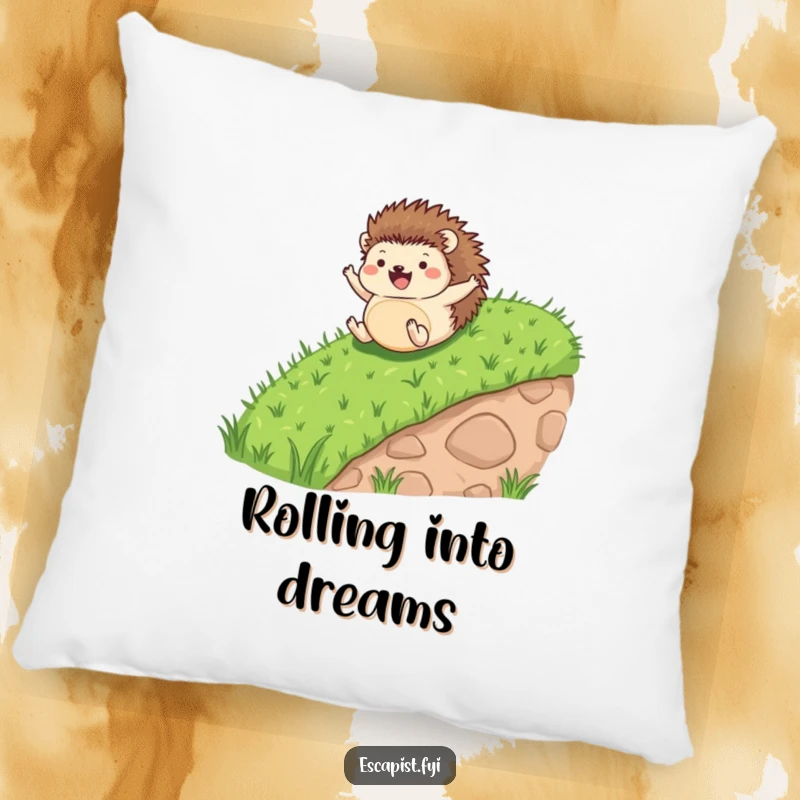 Funny pillow featuring a tiny hedgehog rolling down a hill, legs and arms cheerfully extended in a joyful tumble.