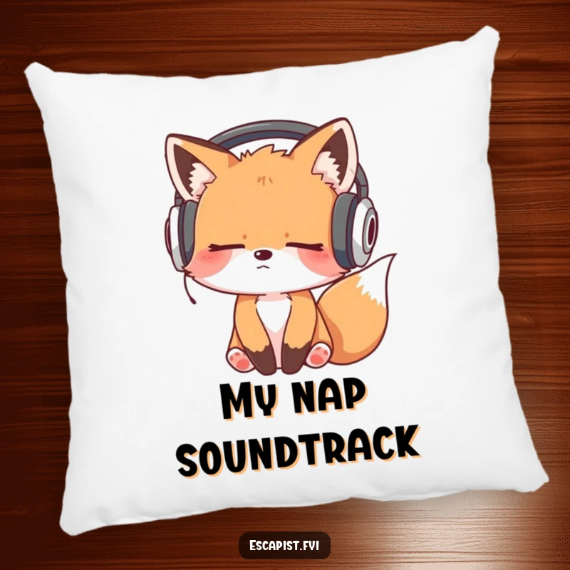 Funny pillow with a sleepy fox kit wearing oversized headphones, head bobbing contentedly to its favorite unheard tunes.