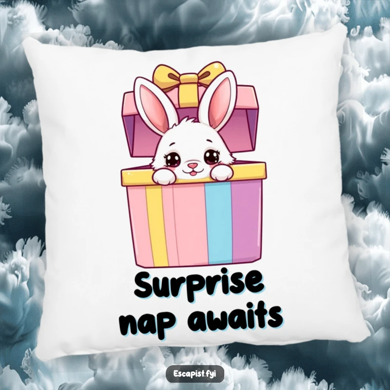 Funny bunny gift box pillow featuring a fluffy bunny peeking from a colorful gift box with wide, curious eyes, offering comfort and charm.