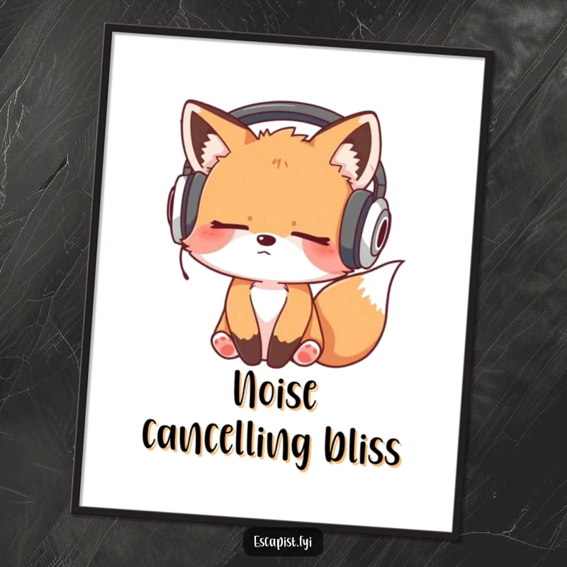 Funny digital art print of a sleepy fox kit with oversized headphones, head bobbing to unheard music, perfect for music lovers.
