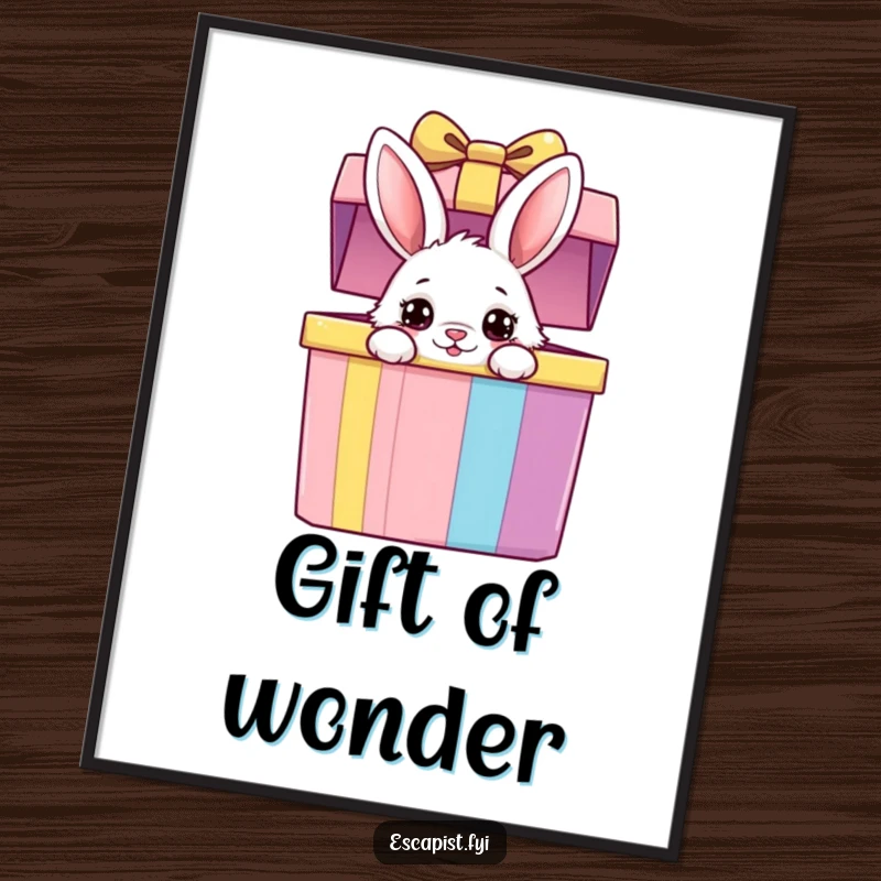 Funny bunny gift box digital art print showing a fluffy bunny peeking from a colorful box with wide, curious eyes, perfect for instant decor.