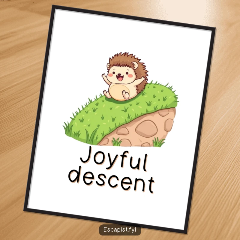 Funny digital art print of a tiny hedgehog rolling down a grassy hill, arms and legs flailing in joyous abandon.