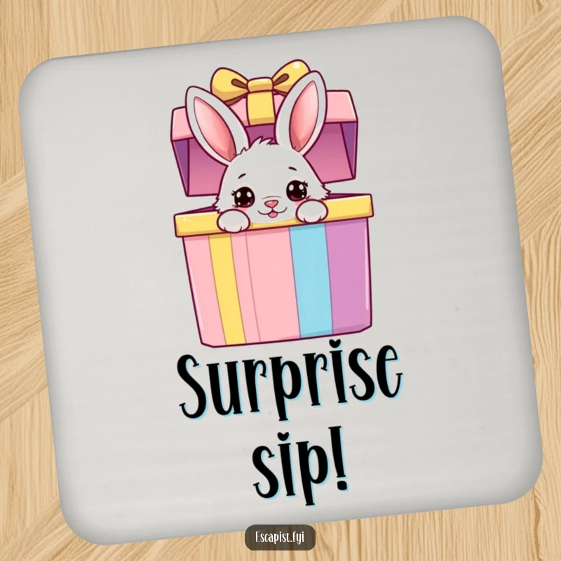 Funny bunny gift box coasters set depicting a fluffy bunny peeking from a colorful box with curious eyes, protecting surfaces with charm.