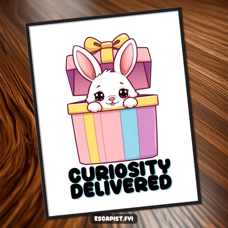 Funny bunny gift box poster showing a fluffy bunny peeking from a colorful box with wide, curious eyes, perfect for adding whimsical decor.