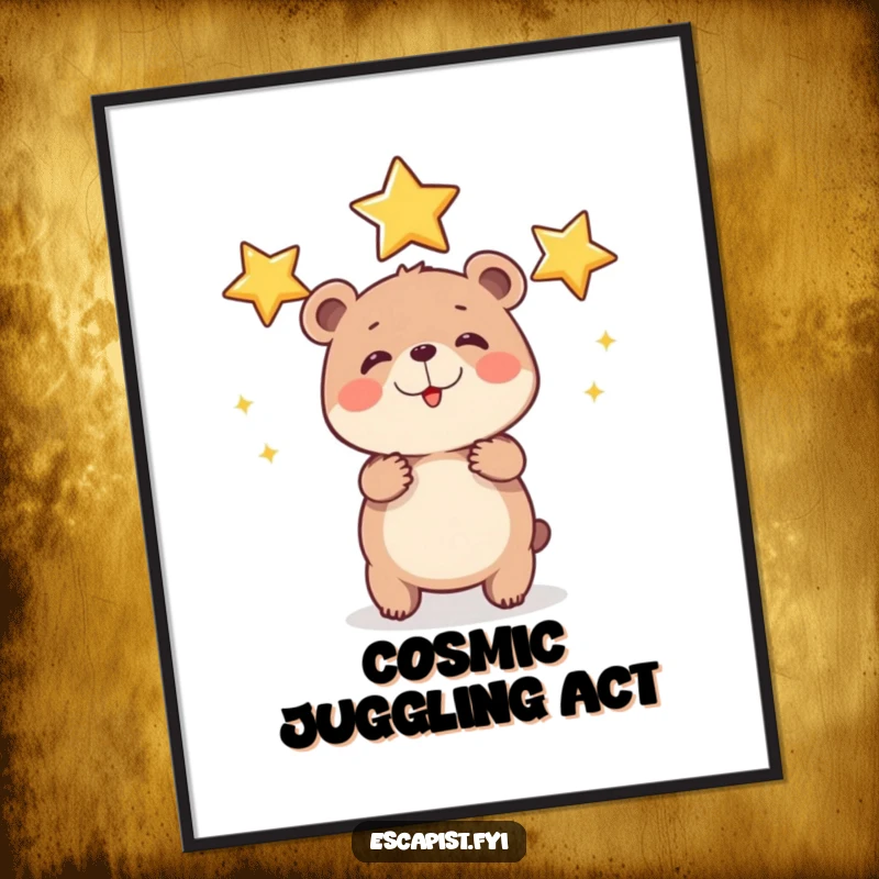 Funny bear cub star poster showing a small, round cub juggling shiny stars with exaggerated effort, perfect for inspiring wall decor.