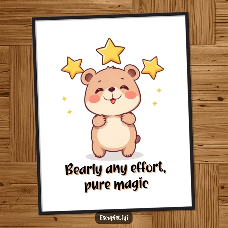 Funny Free Printable Wall Art: A cute, round bear cub struggles comically while juggling three shiny stars with determined effort.
