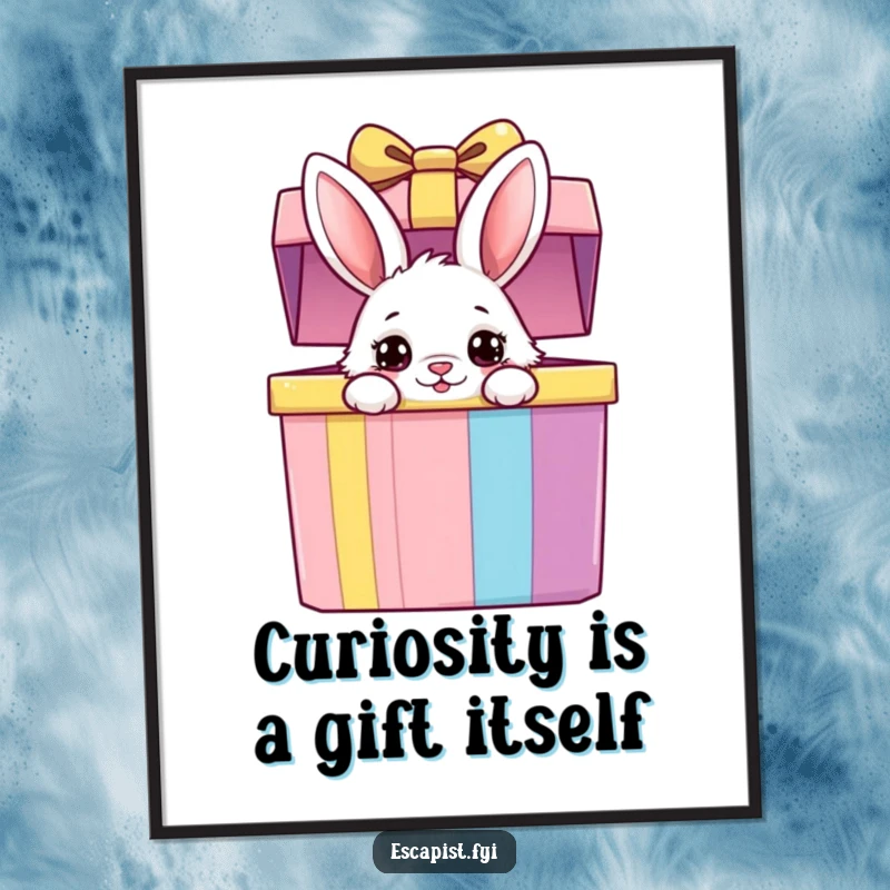 Funny Free Printable Wall Art: A fluffy bunny with big, curious eyes peeks from a giant, colorful present, adding charm.