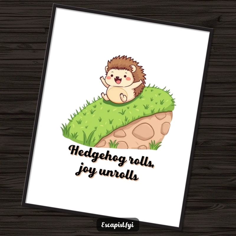 Funny Free Printable Wall Art: Tiny hedgehog joyfully rolling down a grassy hill, arms and legs flailing merrily, downloadable.