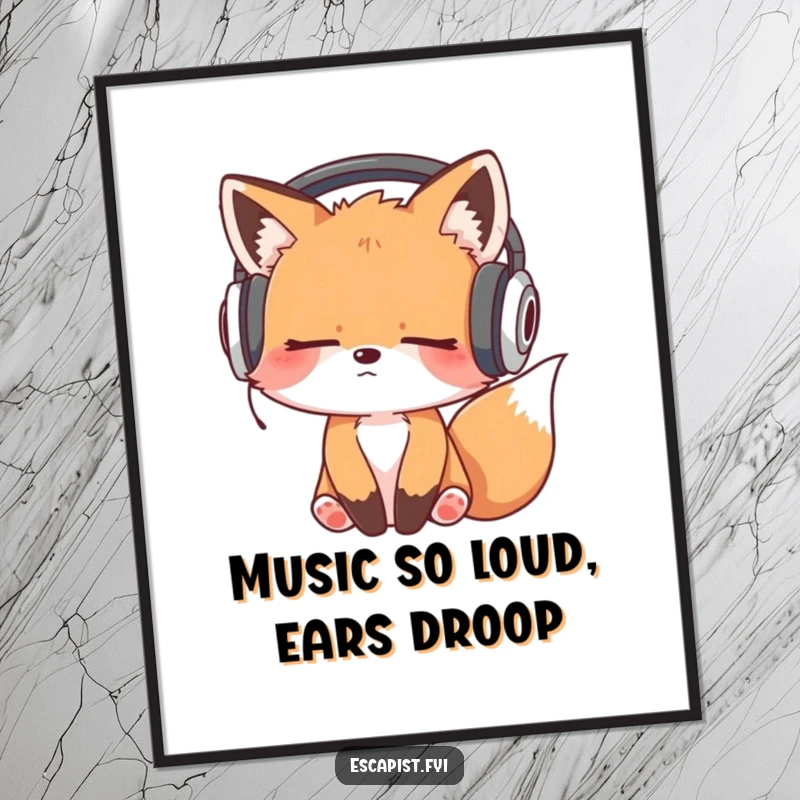 Funny Free Printable Wall Art: Sleepy fox kit with oversized headphones, bobbing head to music, a cool downloadable decor.