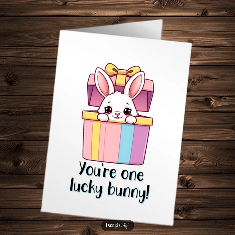 Funny Free Printable Congratulations Card: A curious bunny emerges from a large, bright gift box, sharing excitement.