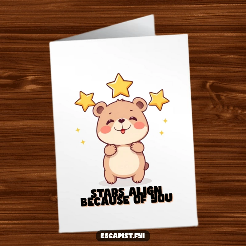 Funny Free Printable Thank You Card: A bear cub happily juggles shiny stars with visible effort, conveying thanks.