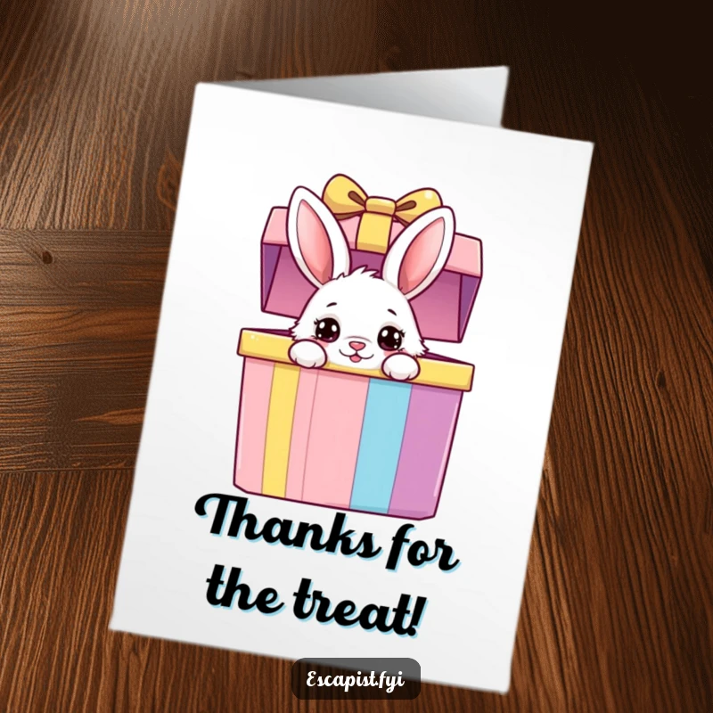 Funny Free Printable Thank You Card: A fluffy bunny with curious eyes peeks out from a surprise gift box, saying thanks.