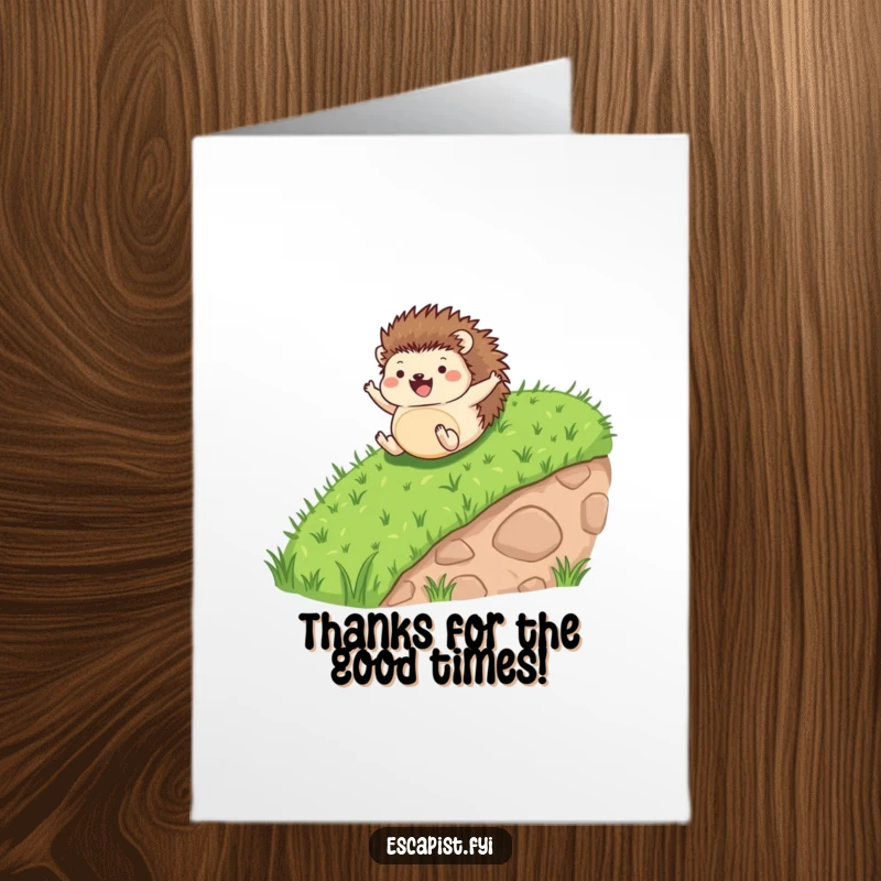 Funny Free Printable Thank You Card: Tiny hedgehog rolling down a hill, flailing limbs in happiness, a unique downloadable.
