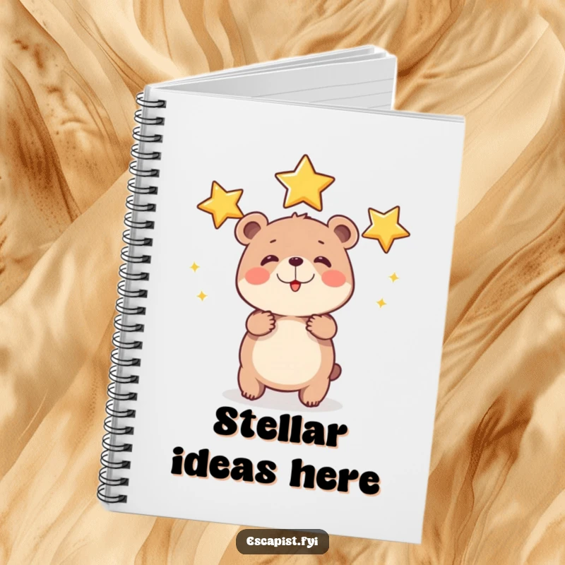 Funny bear cub star notebook design featuring a round cub juggling shiny stars with effort, perfect for notes and ambitious thoughts.