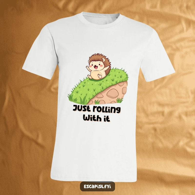 Funny t-shirt featuring a tiny hedgehog joyfully rolling down a grassy hill, limbs splayed in delightful abandon.
