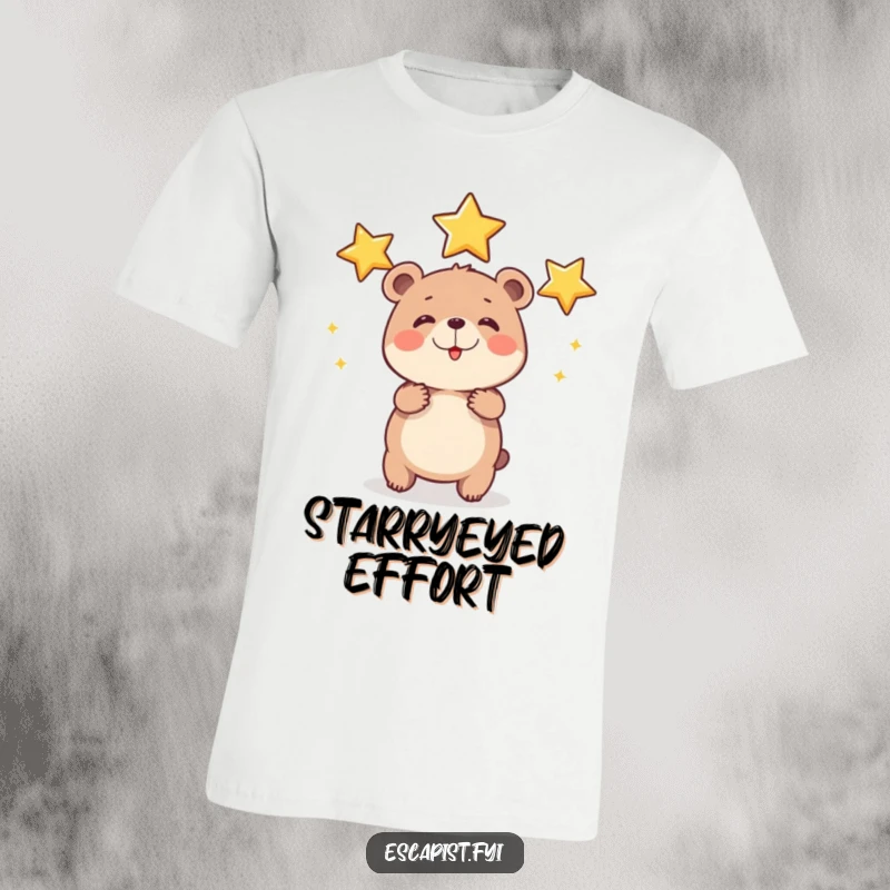 Funny bear cub t-shirt showcasing a round cub happily juggling shiny stars with visible effort, symbolizing determination and cosmic dreams, a great gift idea.