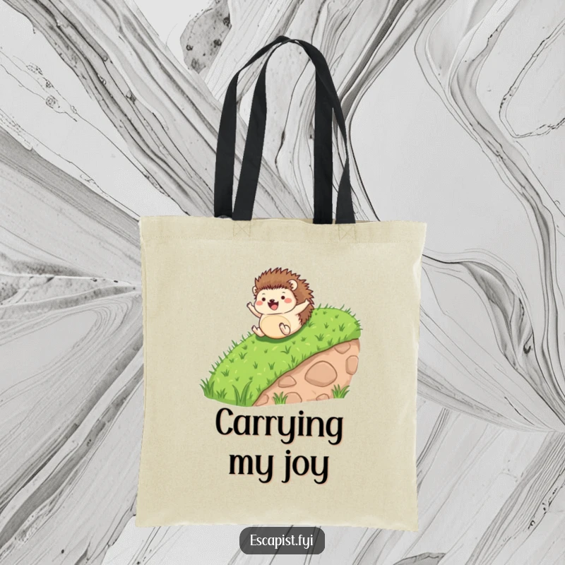 Funny tote bag featuring a tiny hedgehog joyfully rolling down a hill, arms and legs spread wide in happy chaos.